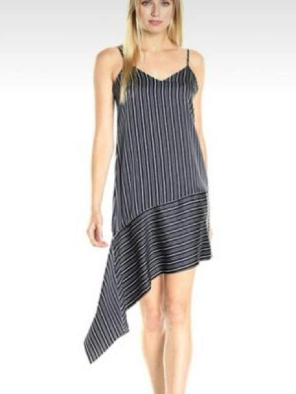 J.O.A. Navy Blue and White Striped Asymmetrical Slip Dress V- Neck Size Small